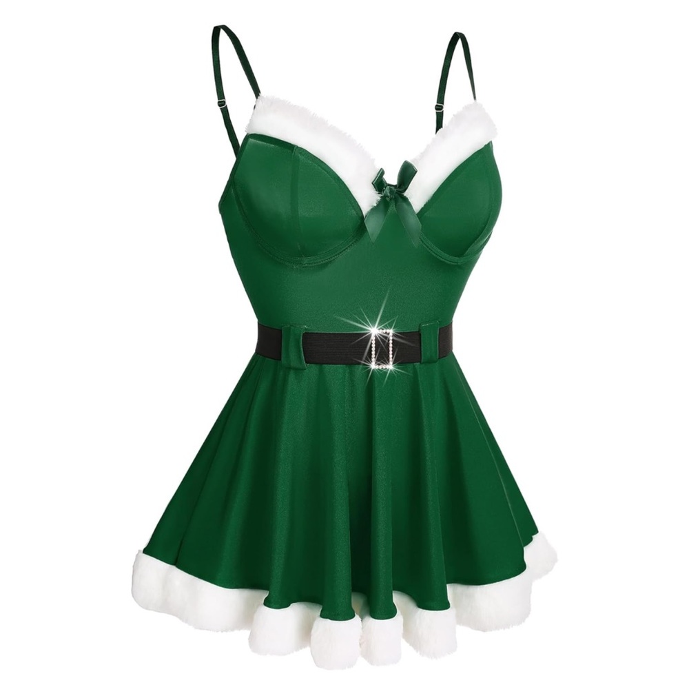 RSLOVE woman's Sexy green Santa Lingerie Set Babydoll Chemise Sleepwear XL